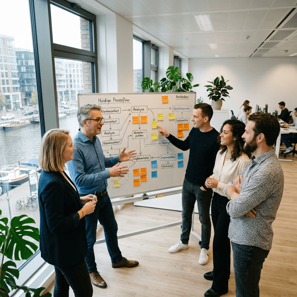 Team tijdens een interactieve awareness sessie waarbij processen worden uitgetekend op het whiteboard